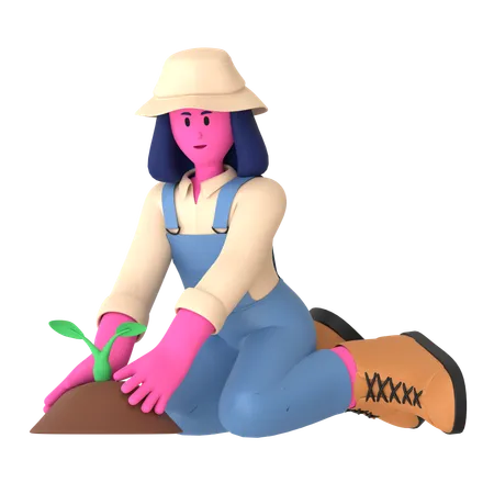 Female farmer Planting plant  3D Illustration