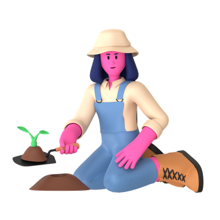 Female farmer planting plant using Trowel  3D Illustration