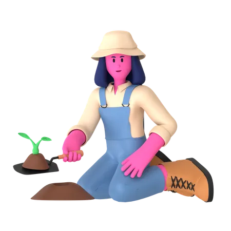 Female farmer planting plant using Trowel  3D Illustration