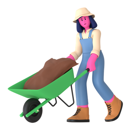 Female farmer pushing Wheelbarrow  3D Illustration