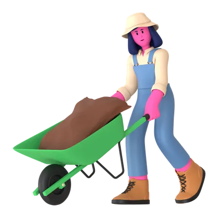 Female farmer pushing Wheelbarrow  3D Illustration