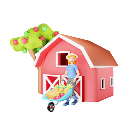 Female Farmer Pushing Wheelbarrow with Harvest of Vegetables  3D Icon