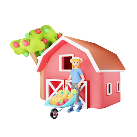 Female Farmer Pushing Wheelbarrow with Harvest of Vegetables  3D Illustration