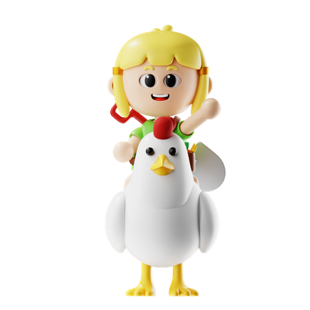 Female Farmer Ride A Chicken  3D Icon