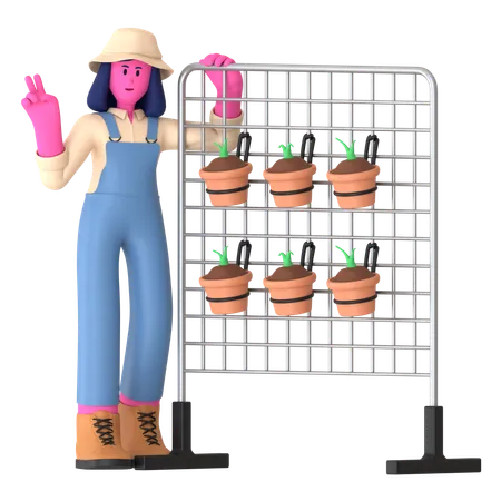 Female farmer standing near Vertical Garden  3D Illustration