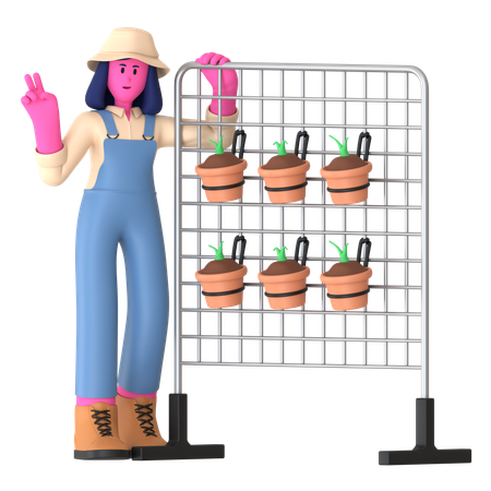 Female farmer standing near Vertical Garden  3D Icon
