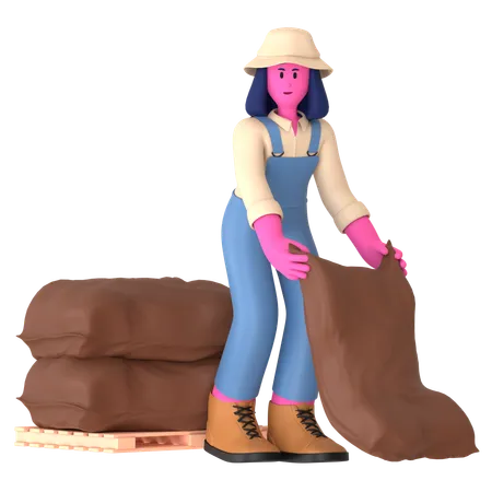 Female farmer with Wheat bag  3D Illustration