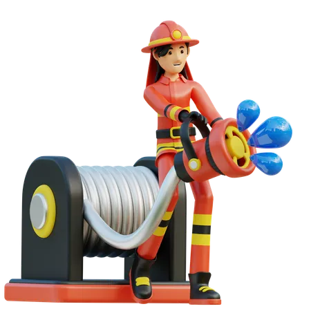 Female firefighter bring Nozzle Hose  3D Illustration