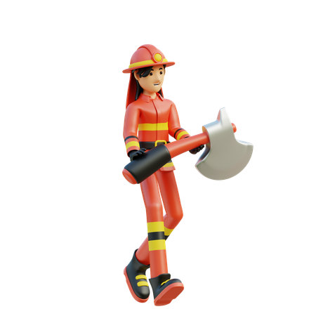 Female firefighter carrying an axe  3D Illustration