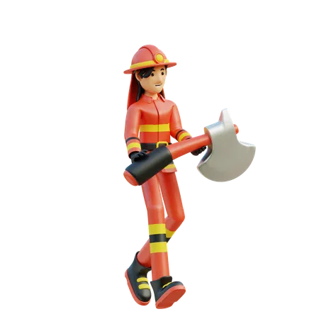 Female firefighter carrying an axe  3D Illustration