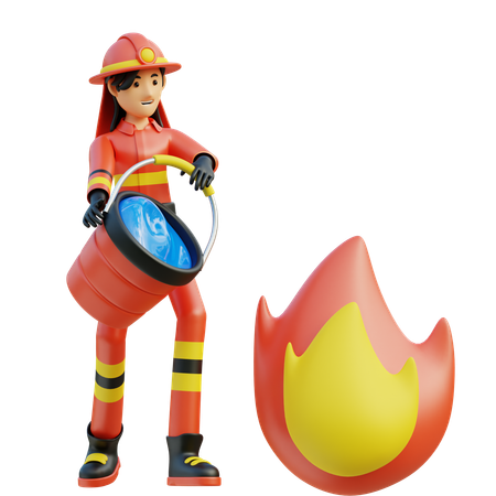 Female firefighter carrying bucket  3D Illustration