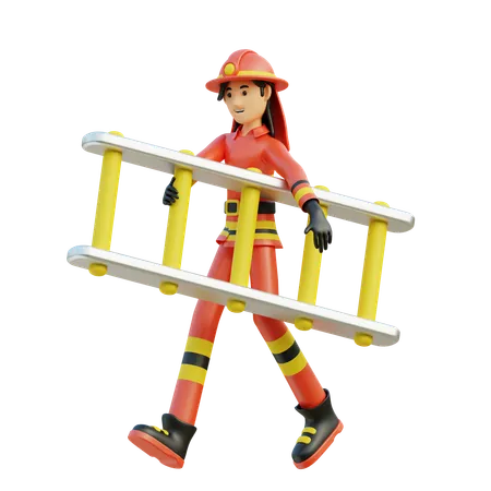 Female firefighter carrying ladder  3D Illustration
