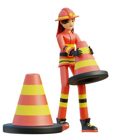 Female firefighter moves the cone  3D Illustration