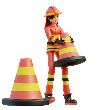 Female firefighter moves the cone  3D Illustration