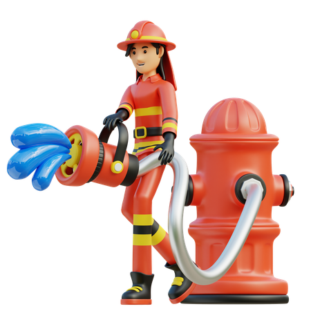 Female firefighter spraying through hydrant  3D Illustration