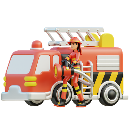 Female firefighter with car  3D Illustration