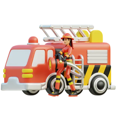 Female firefighter with car  3D Illustration