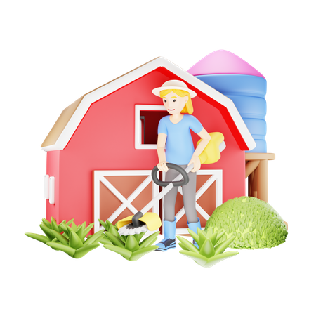 Female Garden Worker with Grass Trimmer  3D Illustration
