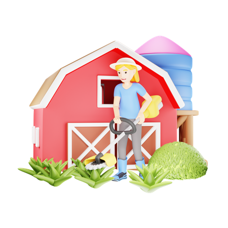 Female Garden Worker with Grass Trimmer  3D Illustration