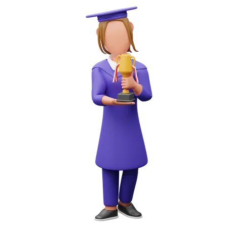 Female Graduated Student Holding Trophy  3D Illustration