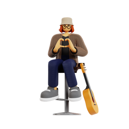 Female guitarist making heart sign using hand  3D Icon