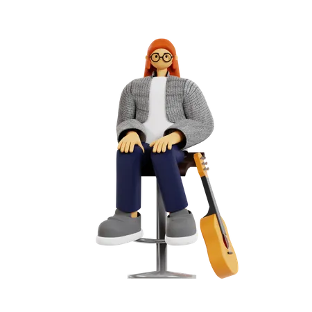 Female guitarist sitting on table 3D Illustration