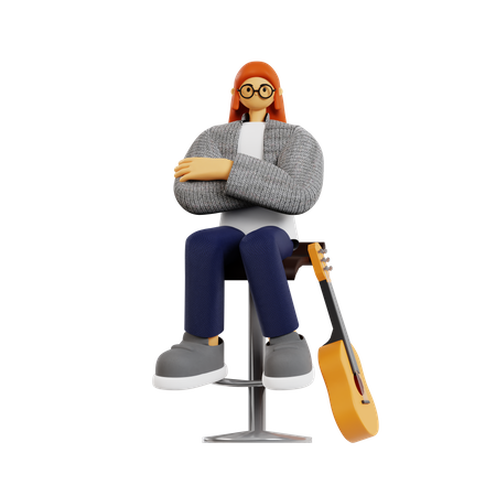 Female guitarist sitting with folded arms  3D Illustration