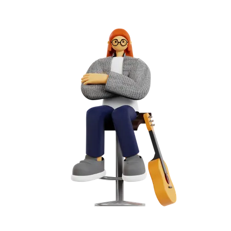 Female guitarist sitting with folded arms  3D Illustration