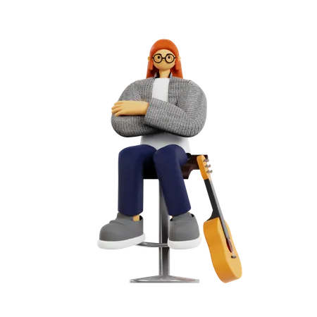Female guitarist sitting with folded arms 3D Illustration