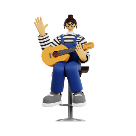 Female guitarist waving hand  3D Illustration