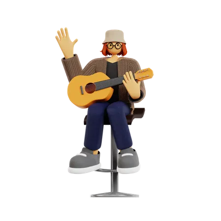 Female guitarist waving hand  3D Illustration