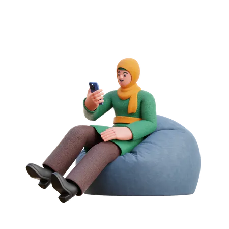 Female Hijab Look At Smartphone Sitting On Bean Bag 3D Illustration