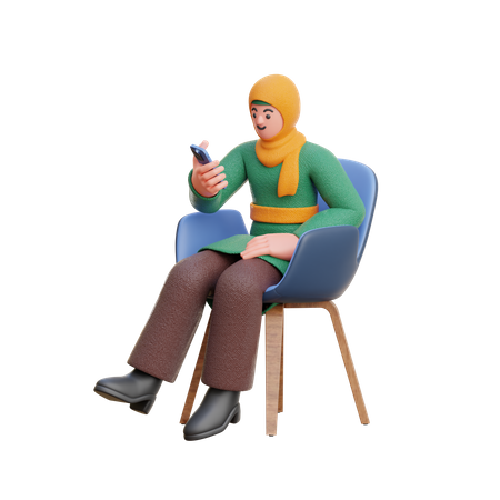 Female Hijab Look At Smartphone Sitting On Chair  3D Illustration