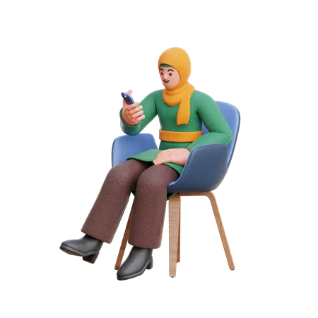 Female Hijab Look At Smartphone Sitting On Chair 3D Illustration