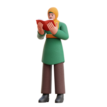Female Hijab Reading A Book Seriously While Standing  3D Icon