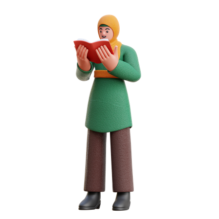 Female Hijab Reading A Book Seriously While Standing 3D Illustration