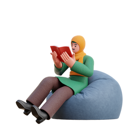 Female Hijab Reading A Book While Sitting On Bean Bag 3D Illustration