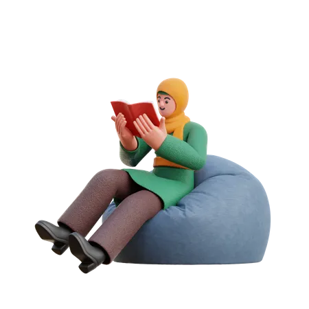 Female Hijab Reading A Book While Sitting On Bean Bag  3D Illustration