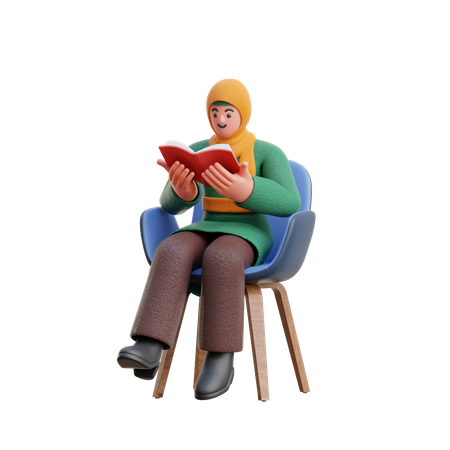 Female Hijab Reading A Book While Sitting On Chair  3D Icon