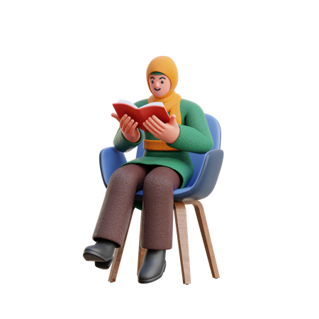 Female Hijab Reading A Book While Sitting On Chair 3D Illustration