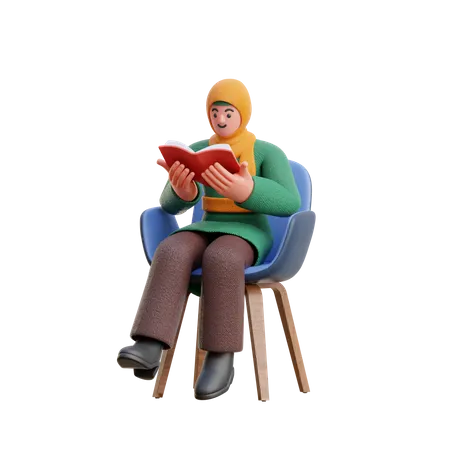 Female Hijab Reading A Book While Sitting On Chair  3D Illustration