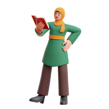 Female Hijab Reading A Book While Standing  3D Icon