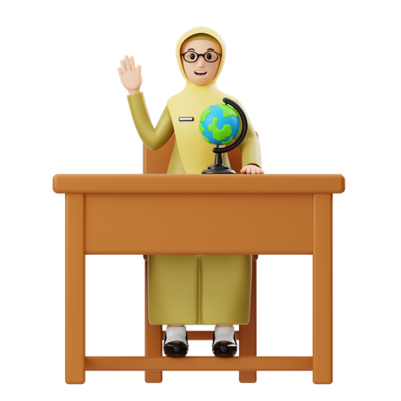 Female Hijab Teacher Greetings In Desk  3D Illustration