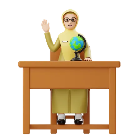 Female Hijab Teacher Greetings In Desk  3D Illustration