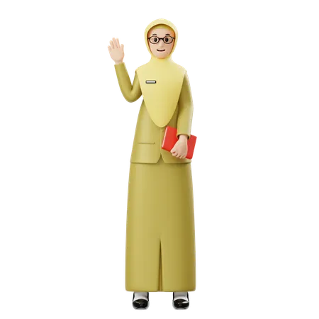 Female Hijab Teacher Greetings While Holding Book  3D Illustration