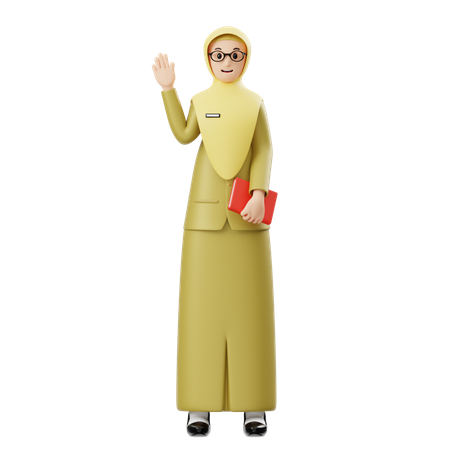 Female Hijab Teacher Greetings While Holding Book  3D Illustration