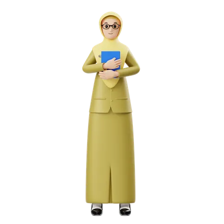 Female Hijab Teacher Holding Book While Giving Standing Pose  3D Illustration