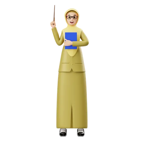 Female Hijab Teacher Holding Stick While Holding Book  3D Illustration