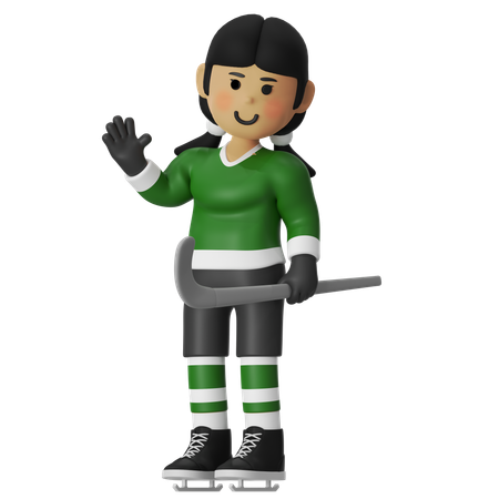Female Hockey Player Holding Hockey With Greeting  3D Icon