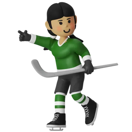 Female Hockey Player Pointing Something With Hockey  3D Illustration
